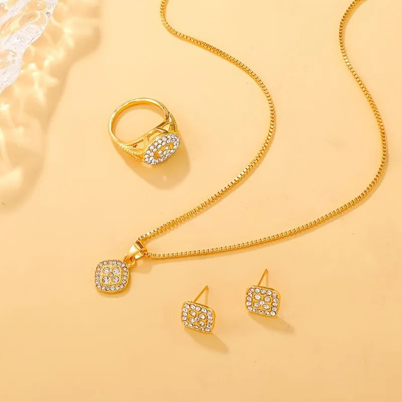 3pc Luxury Cube Jewelry Set: Necklace, Earrings & Ring Gift