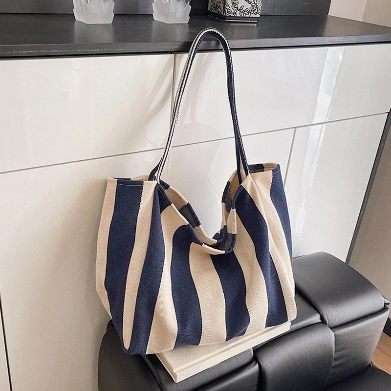Summer Striped Canvas Tote Bag - Large Capacity Casual Shoulder Bag for Women, Simple Aesthetic Shopping Handbag & Daily Travel Tote