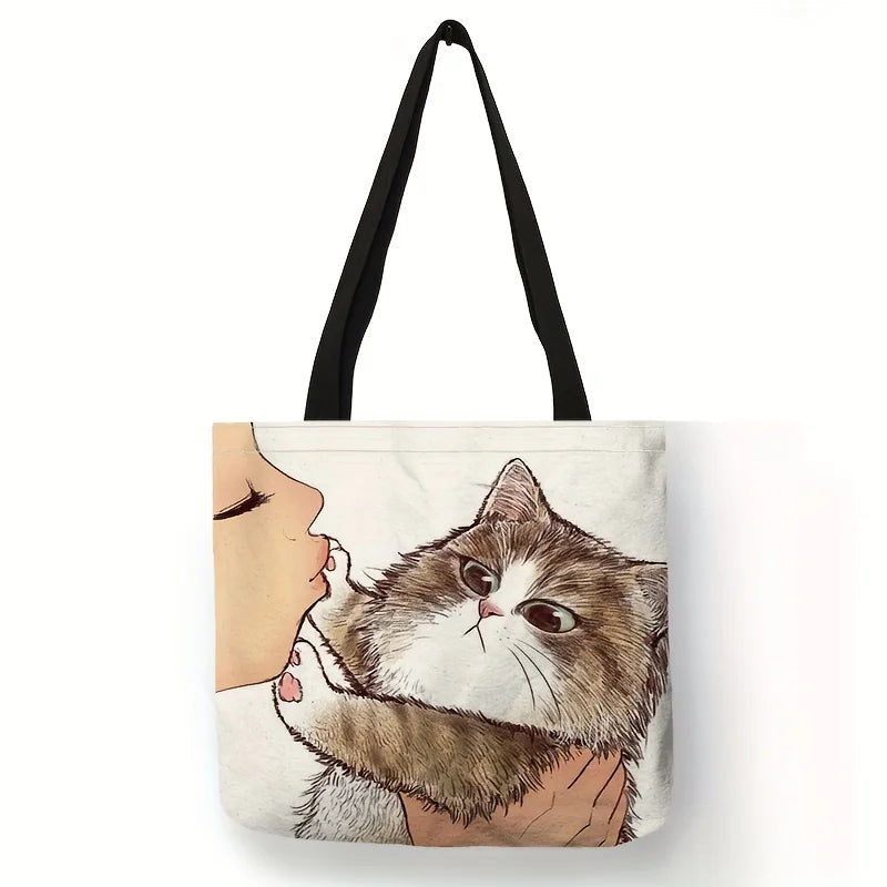Cute Cartoon Cat Canvas Tote Bag - Large Capacity Shoulder Bag & Casual Handbag for Women, School & Shopping