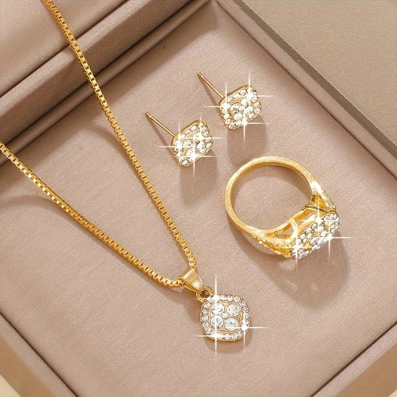 3pc Luxury Cube Jewelry Set: Necklace, Earrings & Ring Gift
