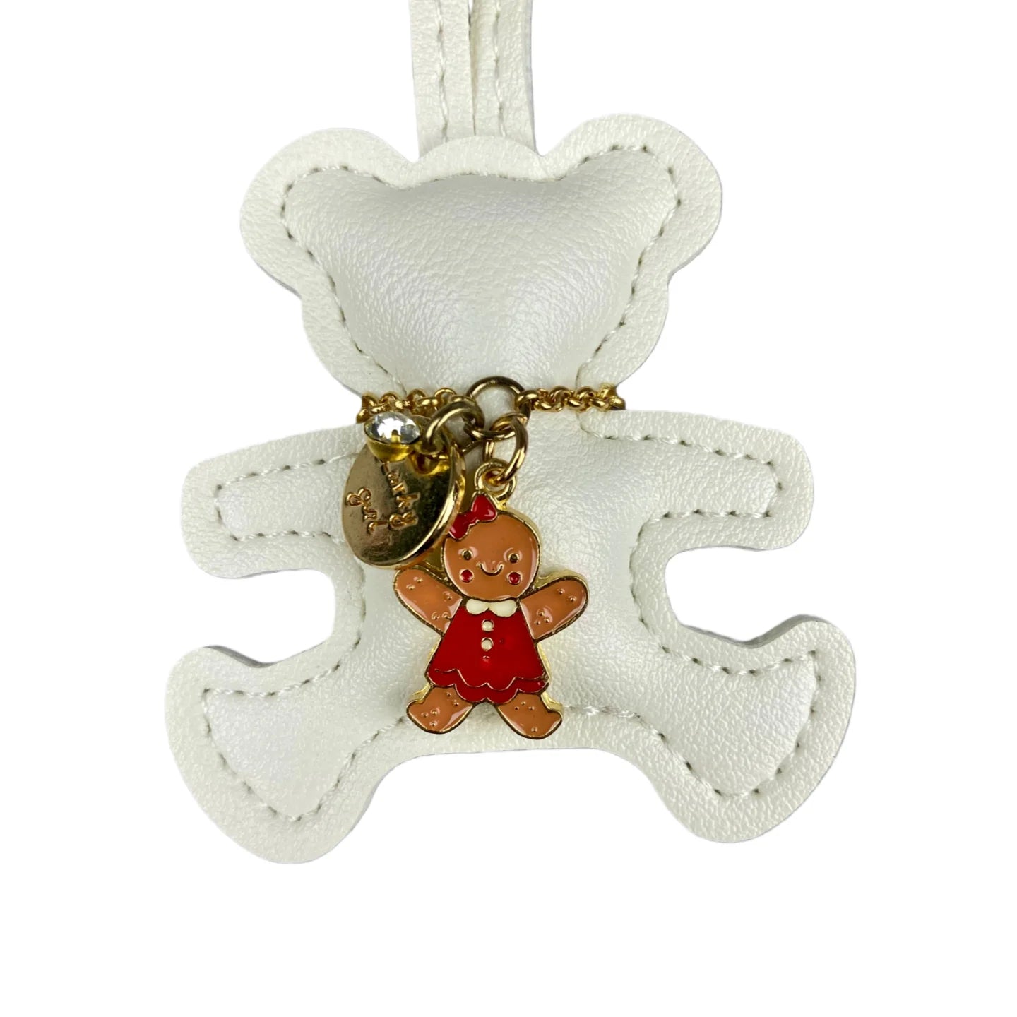 Handmade PU Leather Bear Keychain - Detailed Stitching with Gingerbread Man Charm, Luxury Bag Pendant & Car Key Accessory