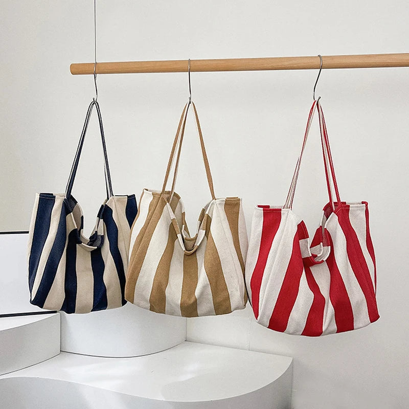 Summer Striped Canvas Tote Bag - Large Capacity Casual Shoulder Bag for Women, Simple Aesthetic Shopping Handbag & Daily Travel Tote