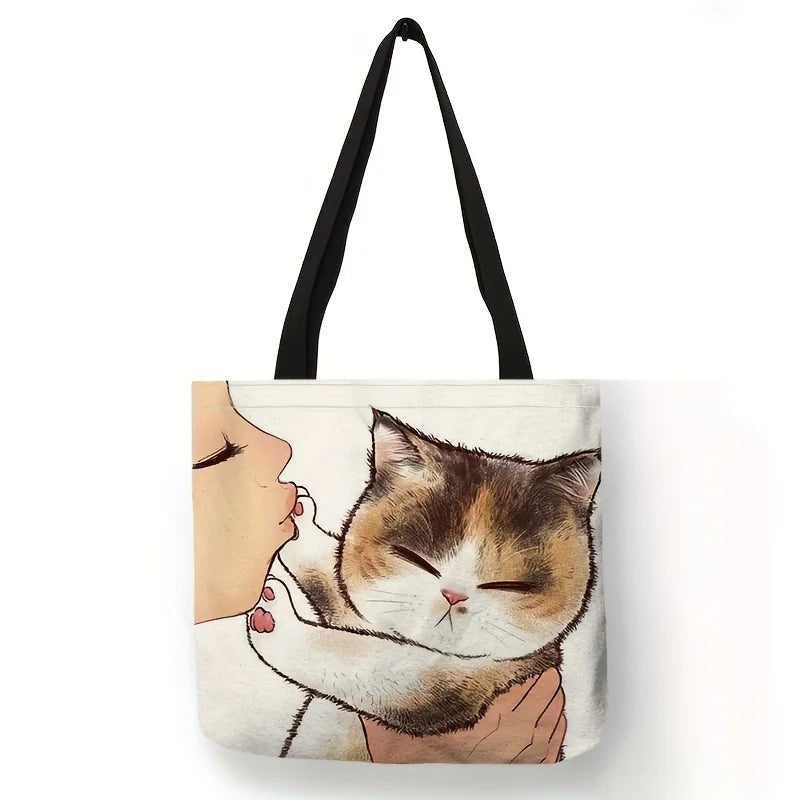 Cute Cartoon Cat Canvas Tote Bag - Large Capacity Shoulder Bag & Casual Handbag for Women, School & Shopping