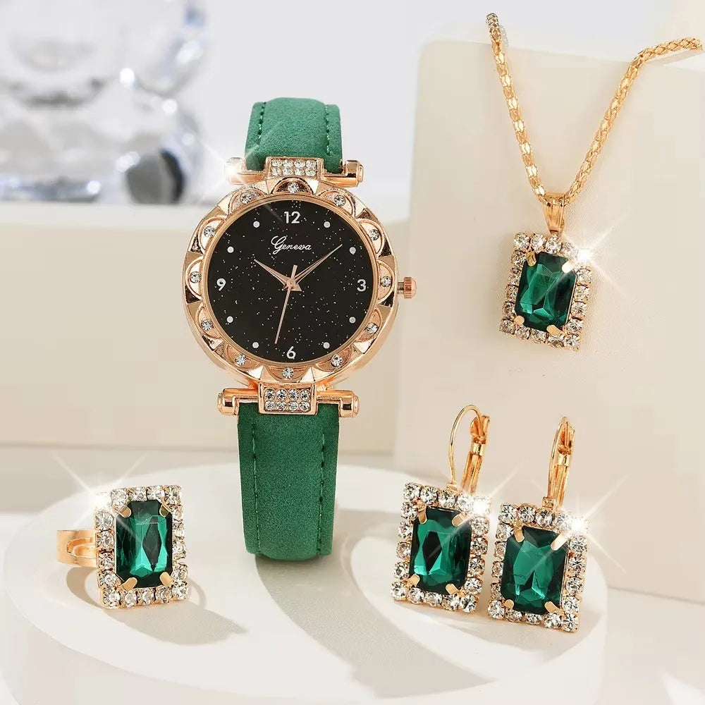 Luxury 5-Pcs Women’s Quartz Watch & Rhinestone Bracelet Gift Set