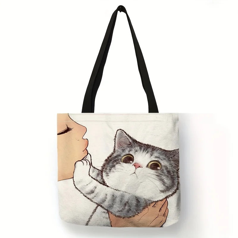 Cute Cartoon Cat Canvas Tote Bag - Large Capacity Shoulder Bag & Casual Handbag for Women, School & Shopping