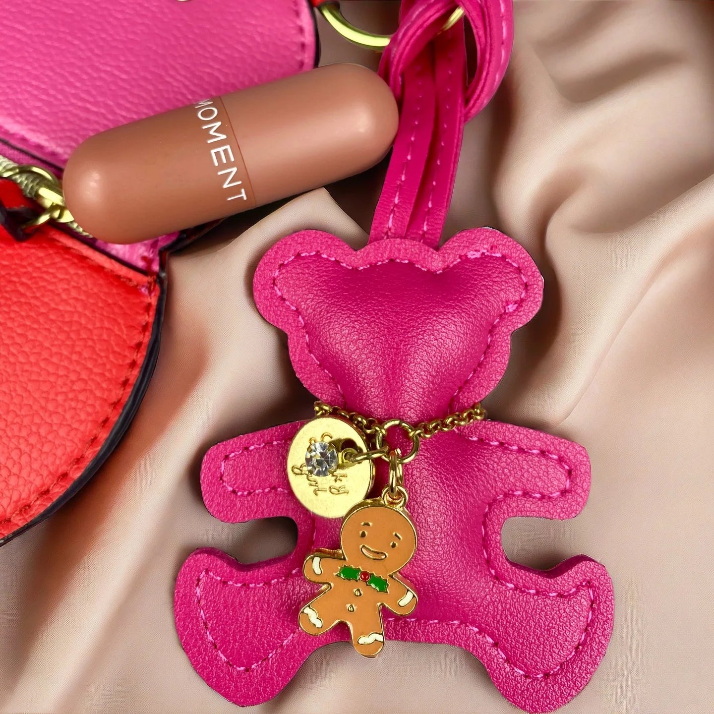 Handmade PU Leather Bear Keychain - Detailed Stitching with Gingerbread Man Charm, Luxury Bag Pendant & Car Key Accessory