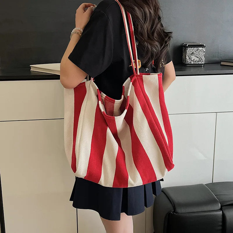 Summer Striped Canvas Tote Bag - Large Capacity Casual Shoulder Bag for Women, Simple Aesthetic Shopping Handbag & Daily Travel Tote
