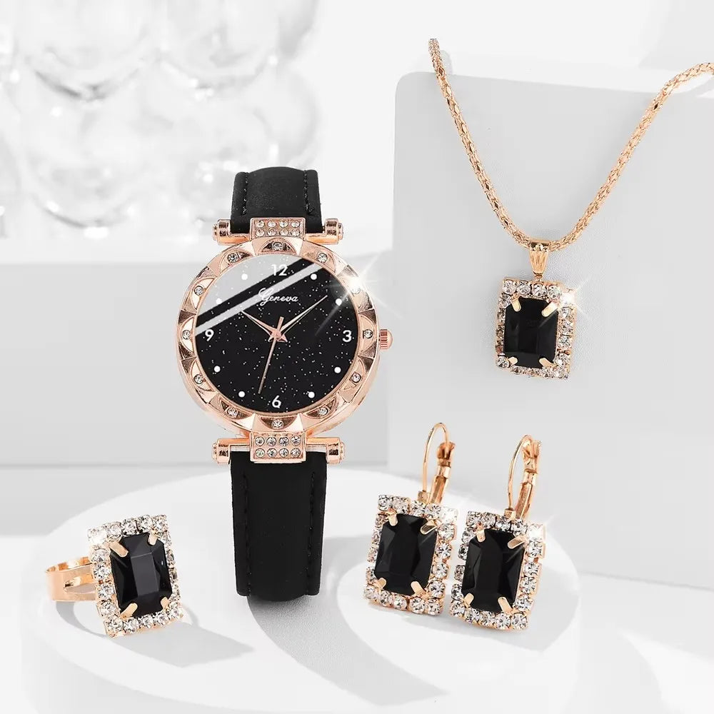 Luxury 5-Pcs Women’s Quartz Watch & Rhinestone Bracelet Gift Set