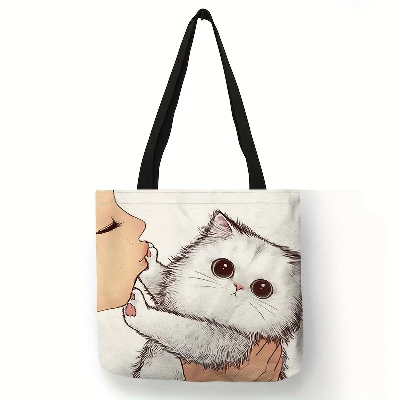Cute Cartoon Cat Canvas Tote Bag - Large Capacity Shoulder Bag & Casual Handbag for Women, School & Shopping