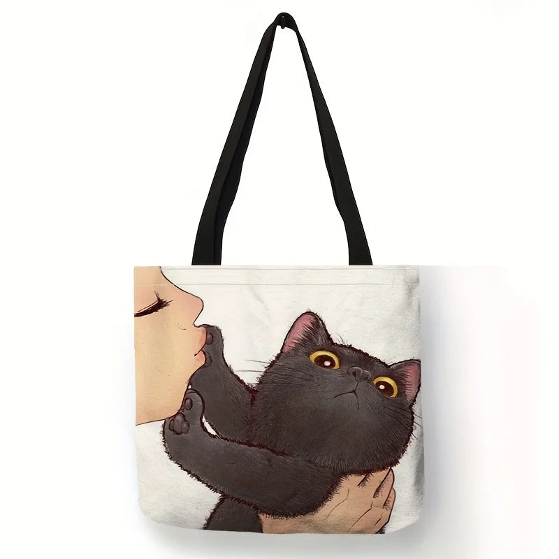 Cute Cartoon Cat Canvas Tote Bag - Large Capacity Shoulder Bag & Casual Handbag for Women, School & Shopping