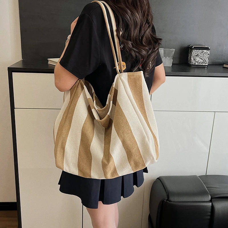 Summer Striped Canvas Tote Bag - Large Capacity Casual Shoulder Bag for Women, Simple Aesthetic Shopping Handbag & Daily Travel Tote