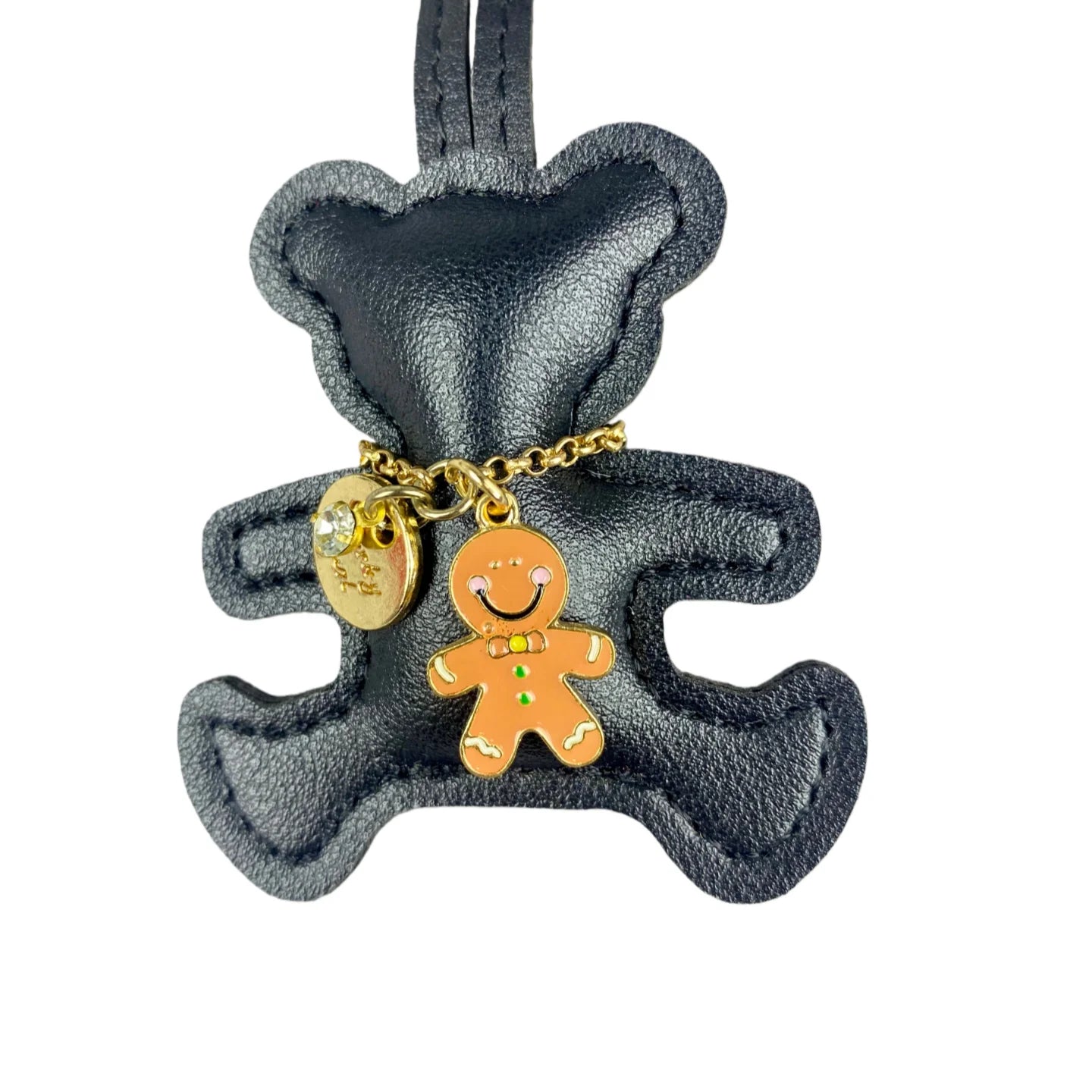 Handmade PU Leather Bear Keychain - Detailed Stitching with Gingerbread Man Charm, Luxury Bag Pendant & Car Key Accessory