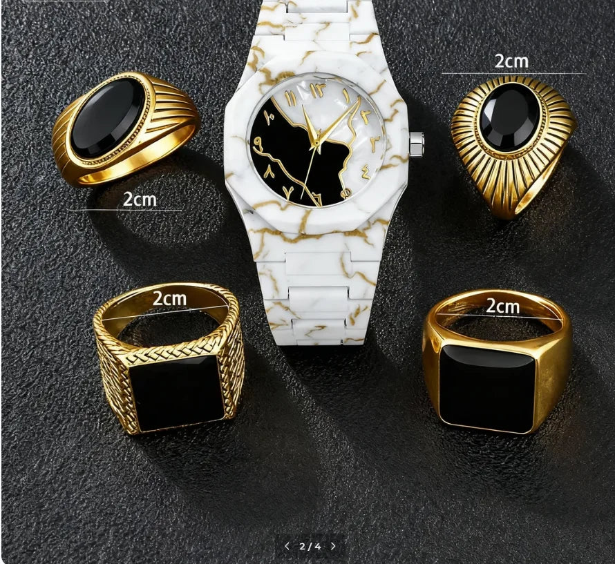 5-Piece Luxury Business Set - Gold Watch & Ring Collection