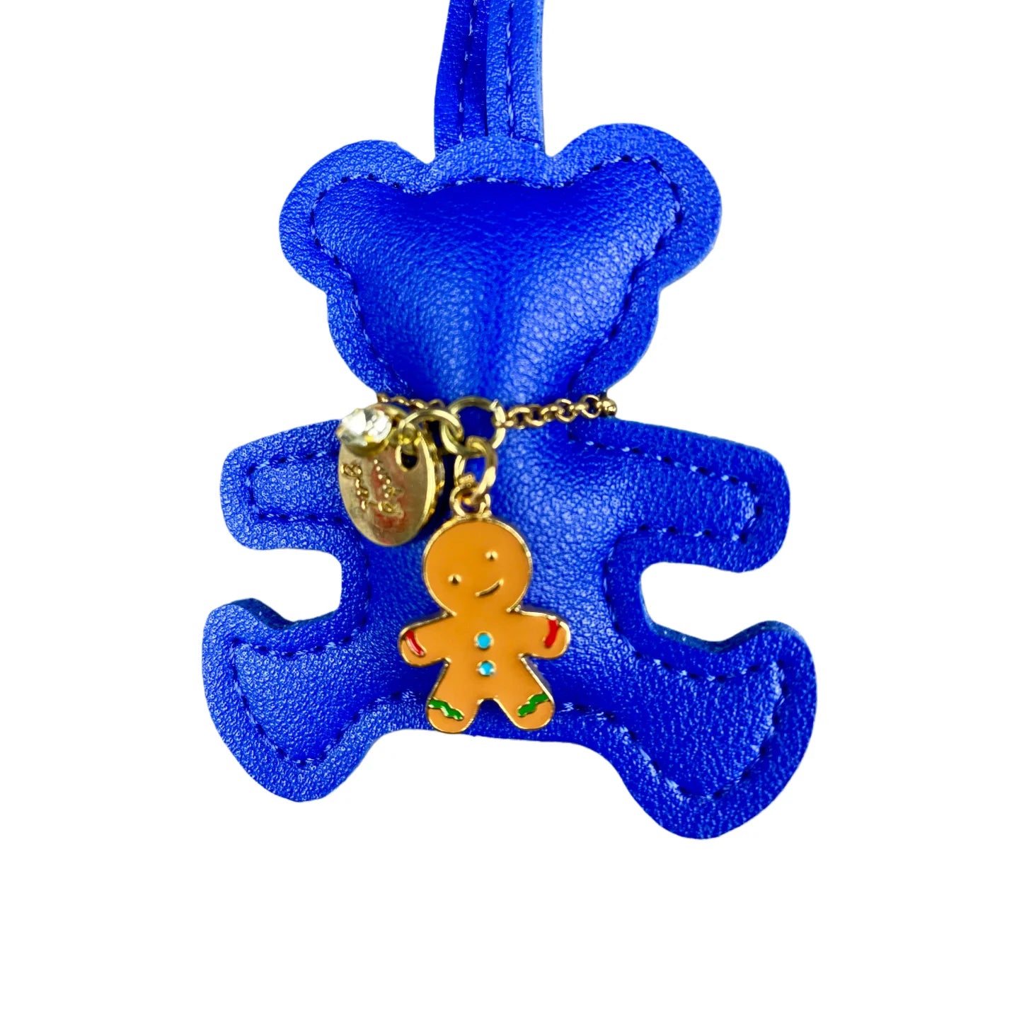Handmade PU Leather Bear Keychain - Detailed Stitching with Gingerbread Man Charm, Luxury Bag Pendant & Car Key Accessory