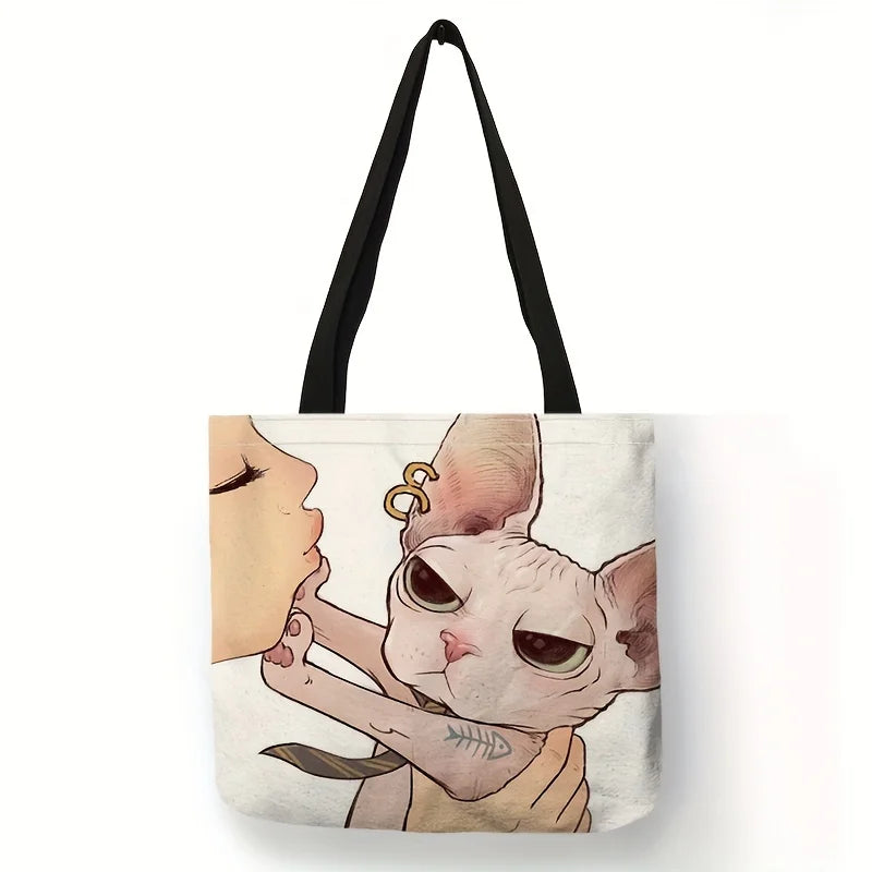 Cute Cartoon Cat Canvas Tote Bag - Large Capacity Shoulder Bag & Casual Handbag for Women, School & Shopping