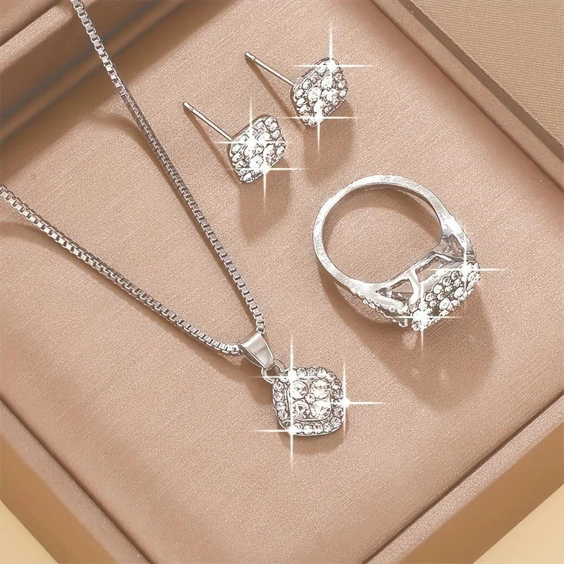 3pc Luxury Cube Jewelry Set: Necklace, Earrings & Ring Gift