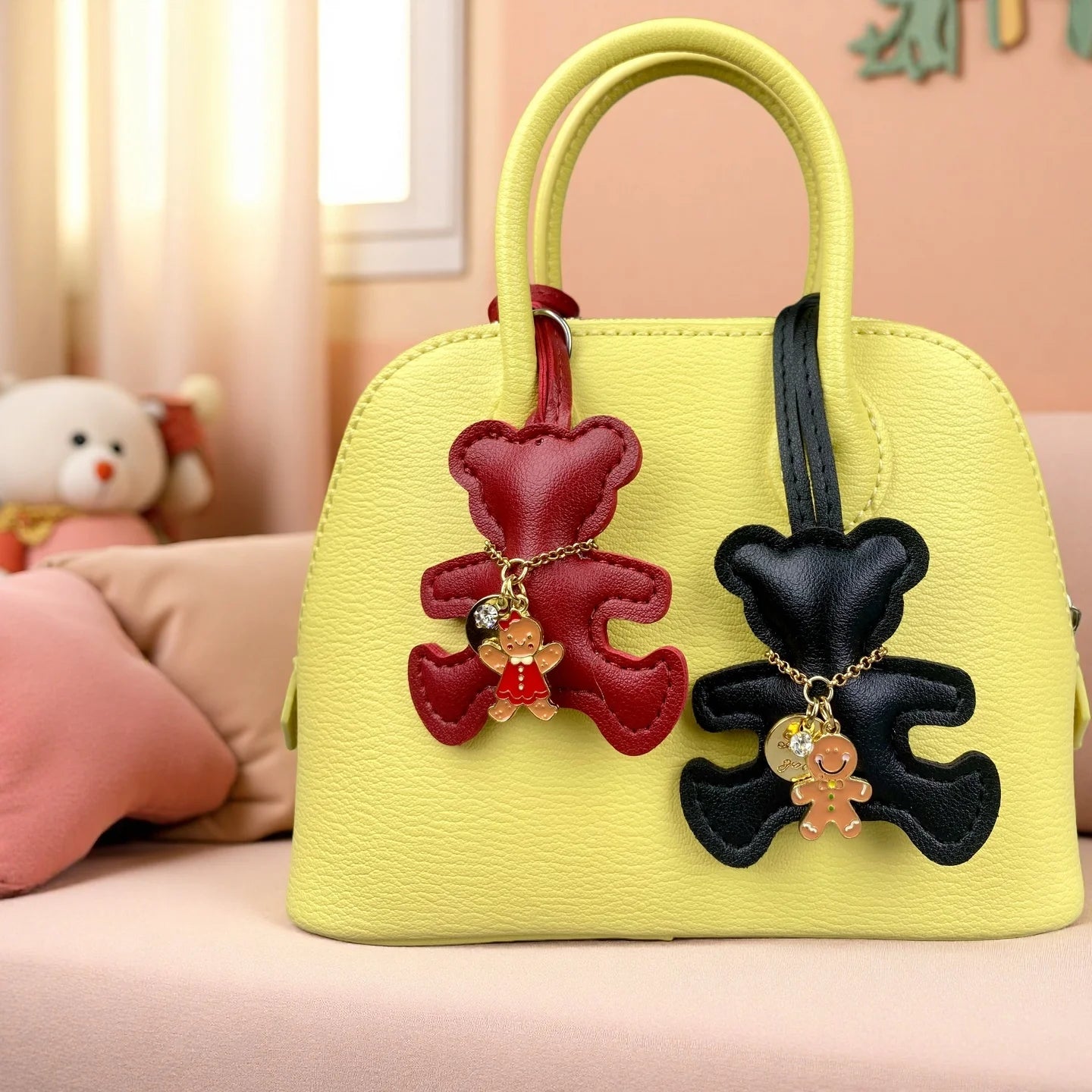 Handmade PU Leather Bear Keychain - Detailed Stitching with Gingerbread Man Charm, Luxury Bag Pendant & Car Key Accessory