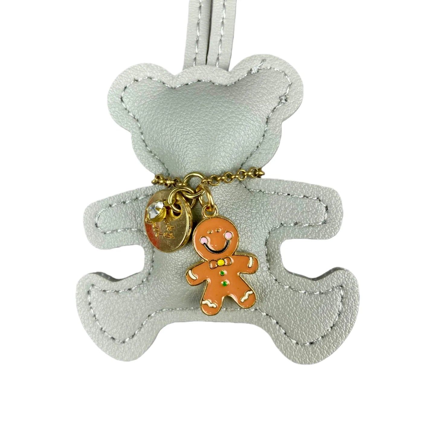 Handmade PU Leather Bear Keychain - Detailed Stitching with Gingerbread Man Charm, Luxury Bag Pendant & Car Key Accessory