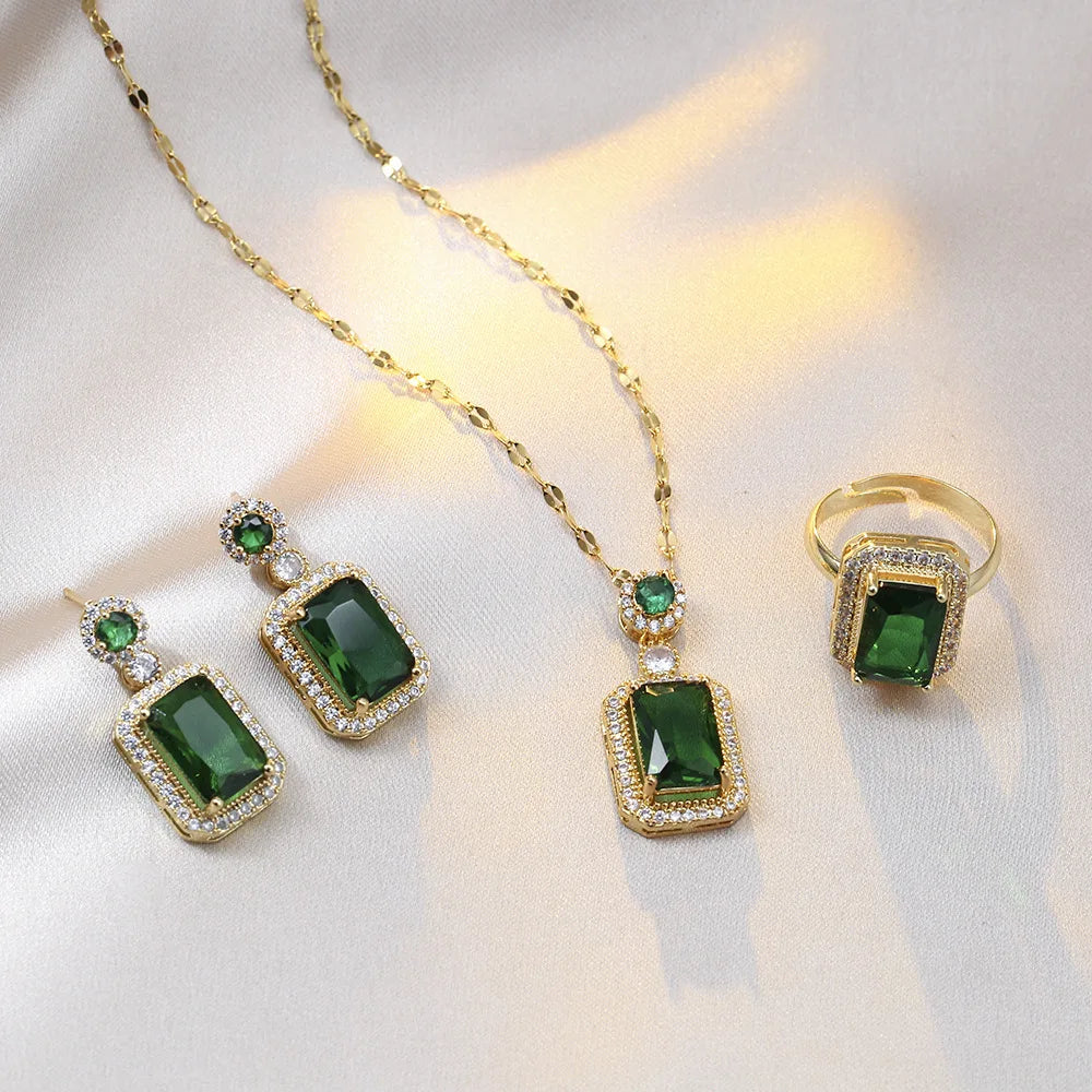 4-Piece Exquisite Rhinestone Jewelry Set - Square Necklace, Earrings & Ring for Bridal Gifts
