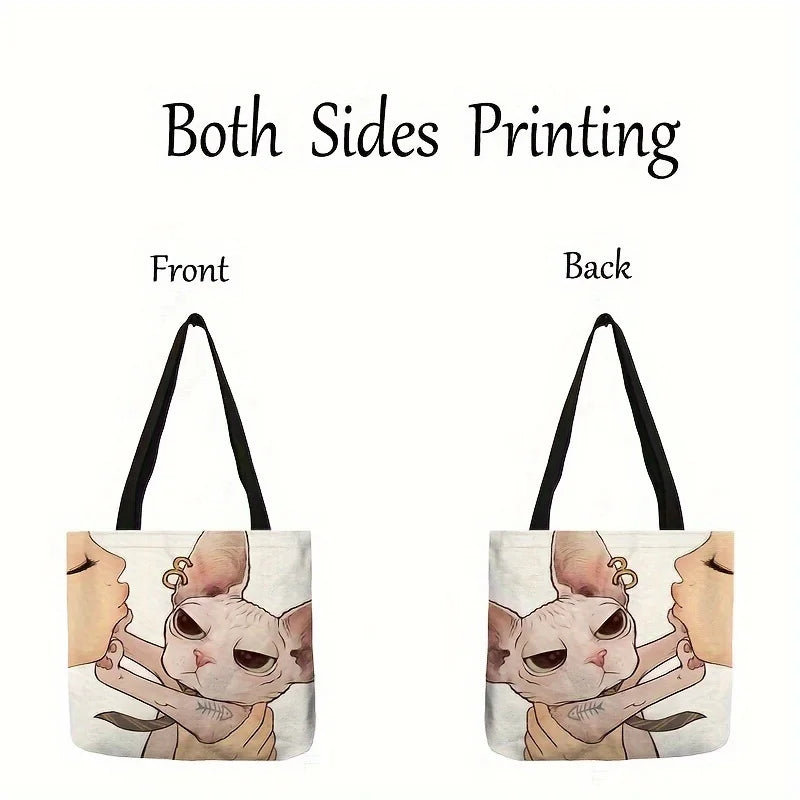 Cute Cartoon Cat Canvas Tote Bag - Large Capacity Shoulder Bag & Casual Handbag for Women, School & Shopping
