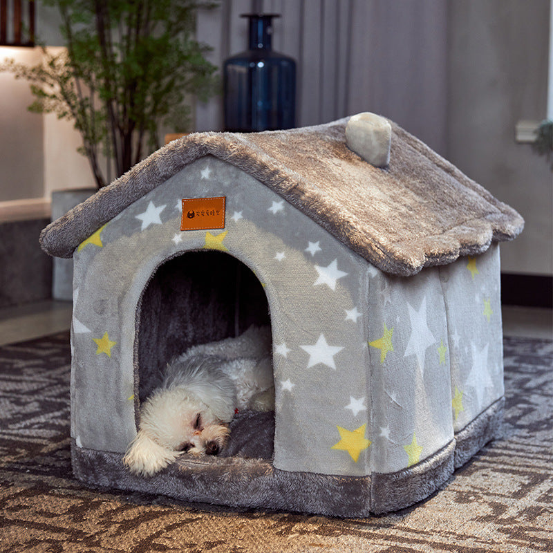 2-in-1 Foldable Dog House & Warm Cat Cave Bed - Winter Pet Villa