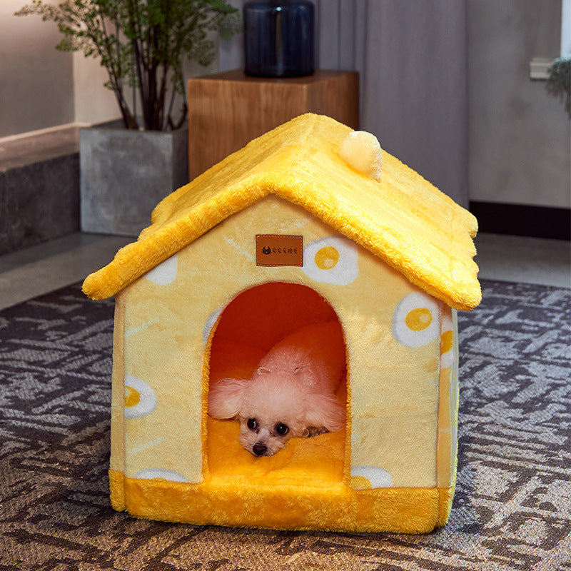 2-in-1 Foldable Dog House & Warm Cat Cave Bed - Winter Pet Villa
