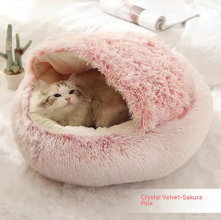 2-in-1 Soft Long Plush Pet Bed - Washable Warm Round Nest for Dog & Cat