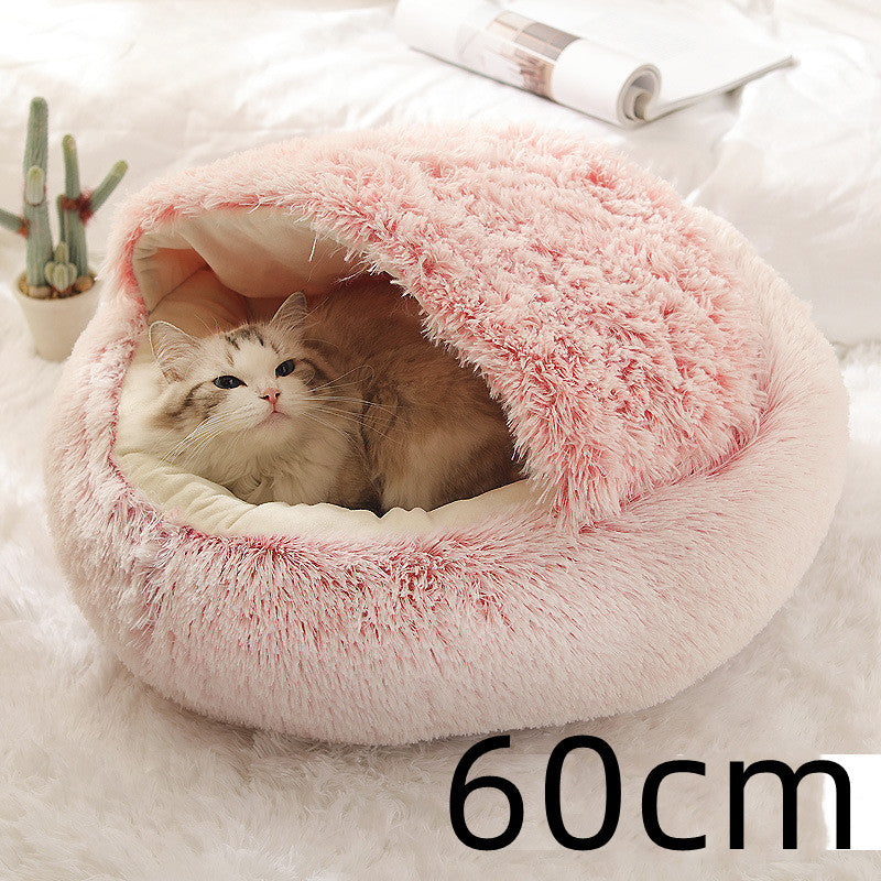 2-in-1 Soft Long Plush Pet Bed - Washable Warm Round Nest for Dog & Cat