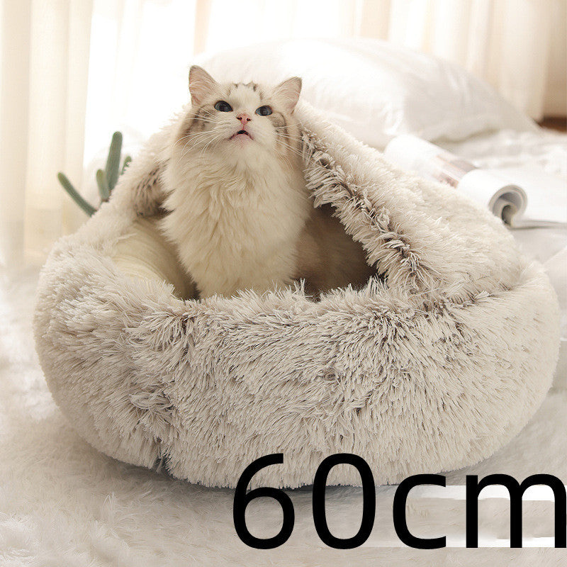 2-in-1 Soft Long Plush Pet Bed - Washable Warm Round Nest for Dog & Cat