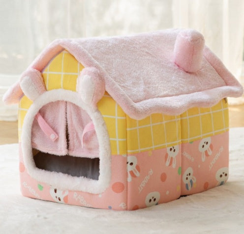 2-in-1 Foldable Dog House & Warm Cat Cave Bed - Winter Pet Villa