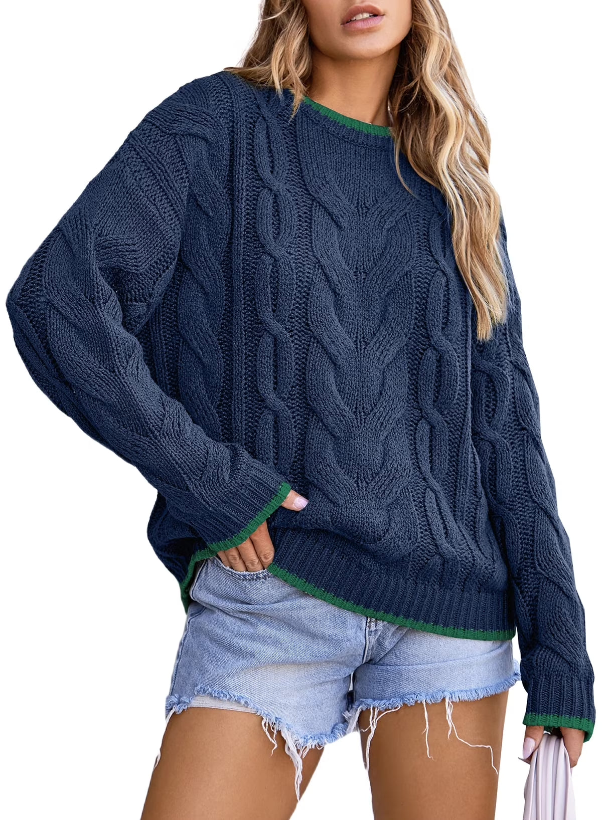 Long Sleeve Women'S Sweater Casual Crewneck Color Block Sweater Tops Cable Knit Pullover Sweaters for Women Fall Sweater Navy Blue Size M