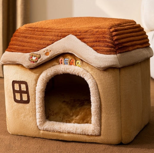 2-in-1 Foldable Dog House & Warm Cat Cave Bed - Winter Pet Villa