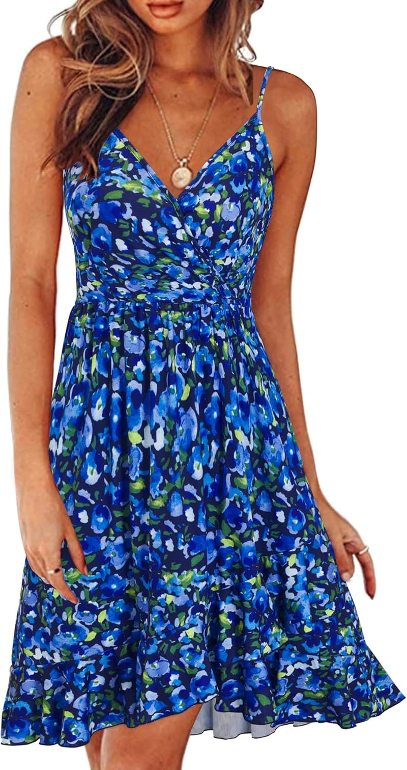 Womens Summer Dresses 2023 Wrap V Neck Adjustable Spaghetti Ruffle Casual Dress