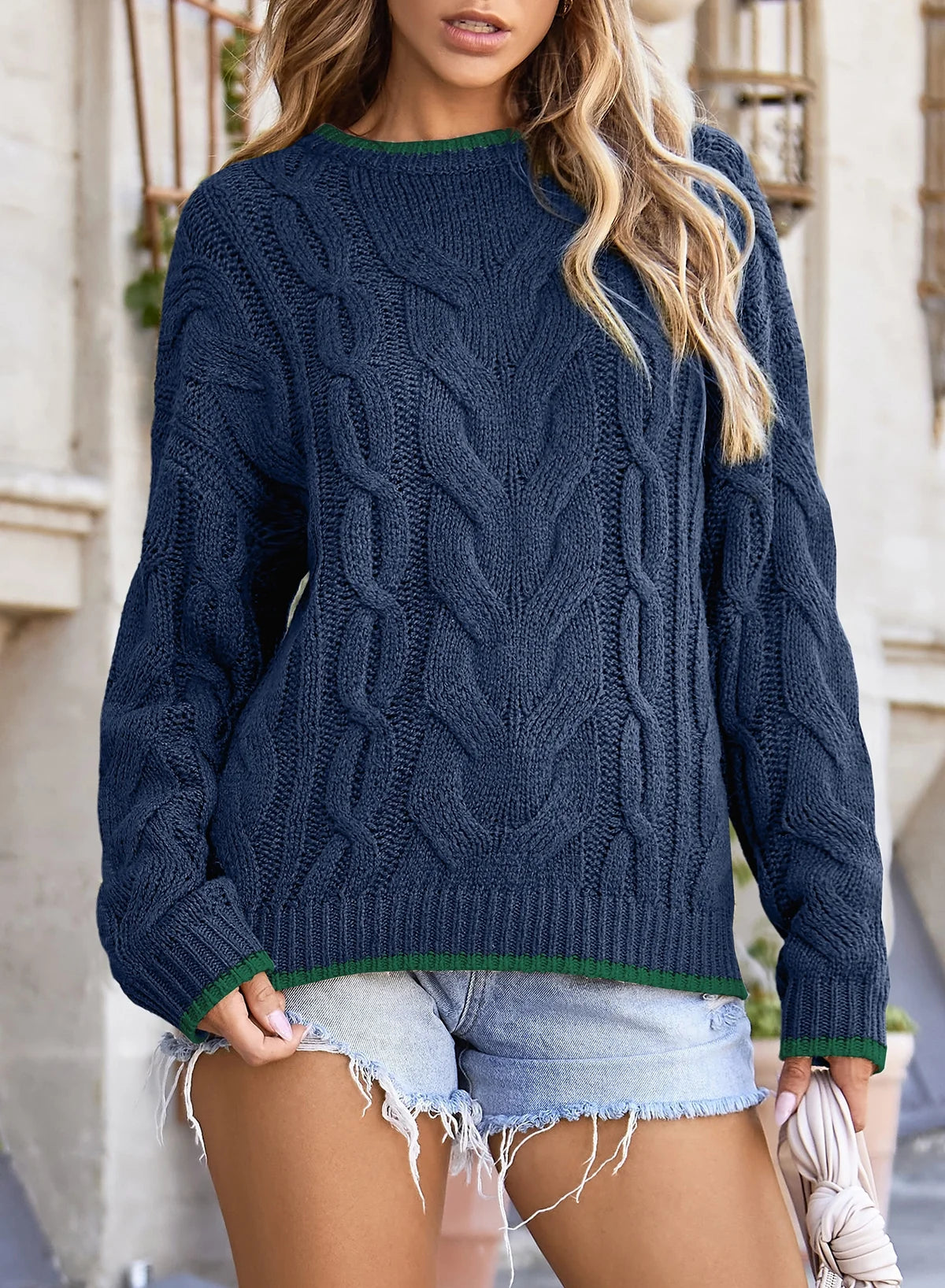 Long Sleeve Women'S Sweater Casual Crewneck Color Block Sweater Tops Cable Knit Pullover Sweaters for Women Fall Sweater Navy Blue Size M