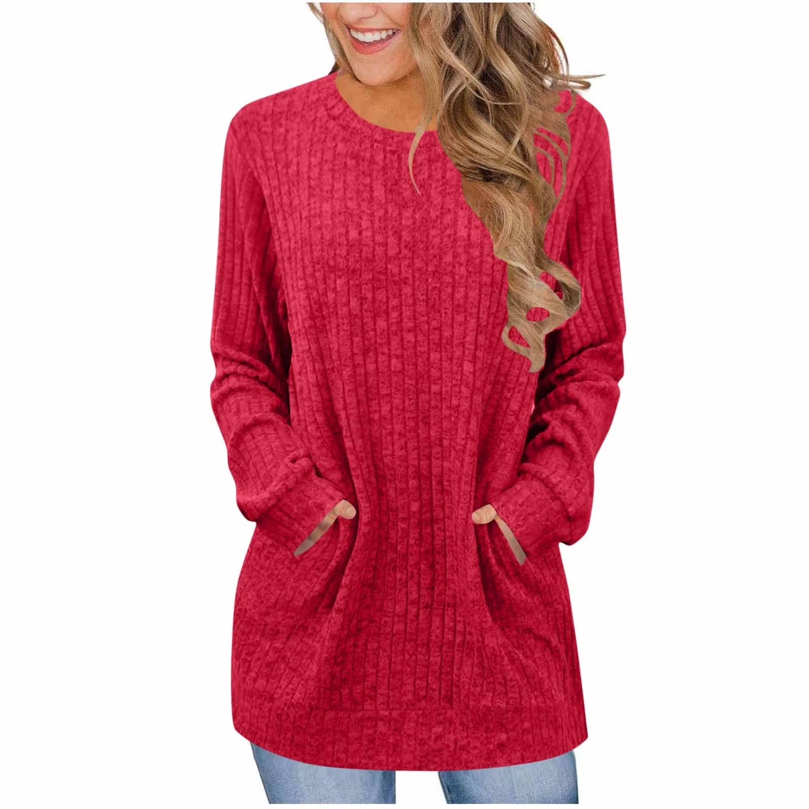 Women Long Sleeve Shirts Loose Fit Crew Neck Tunic Tops Blouse Dressy Casual Fall Winter Clothes Outfits Long Sweaters with Pockets
