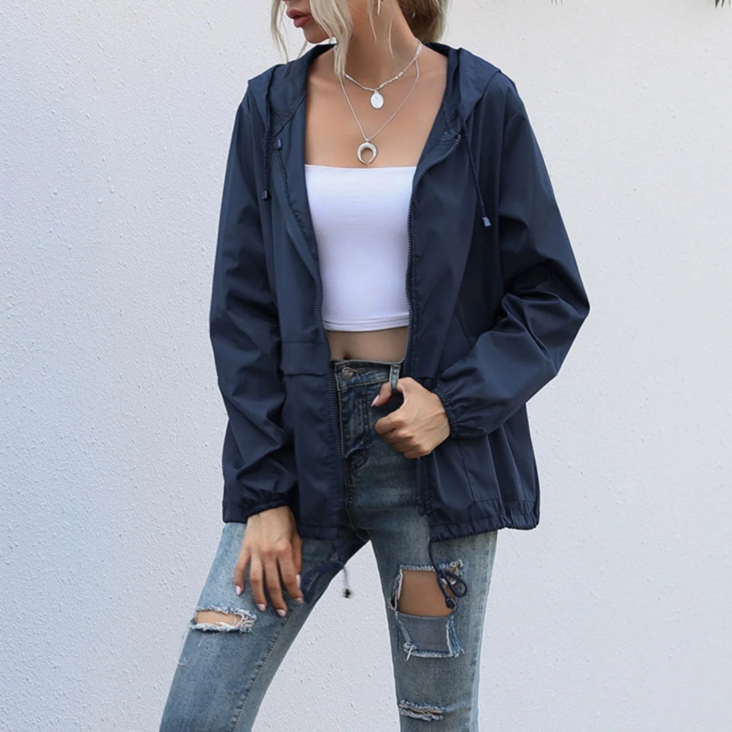 Jackets for Women, Women Solid Long Sleeve Pocket Outerwear Loose Splice Windbreaker Coat, Coats for Women Dark Blue M