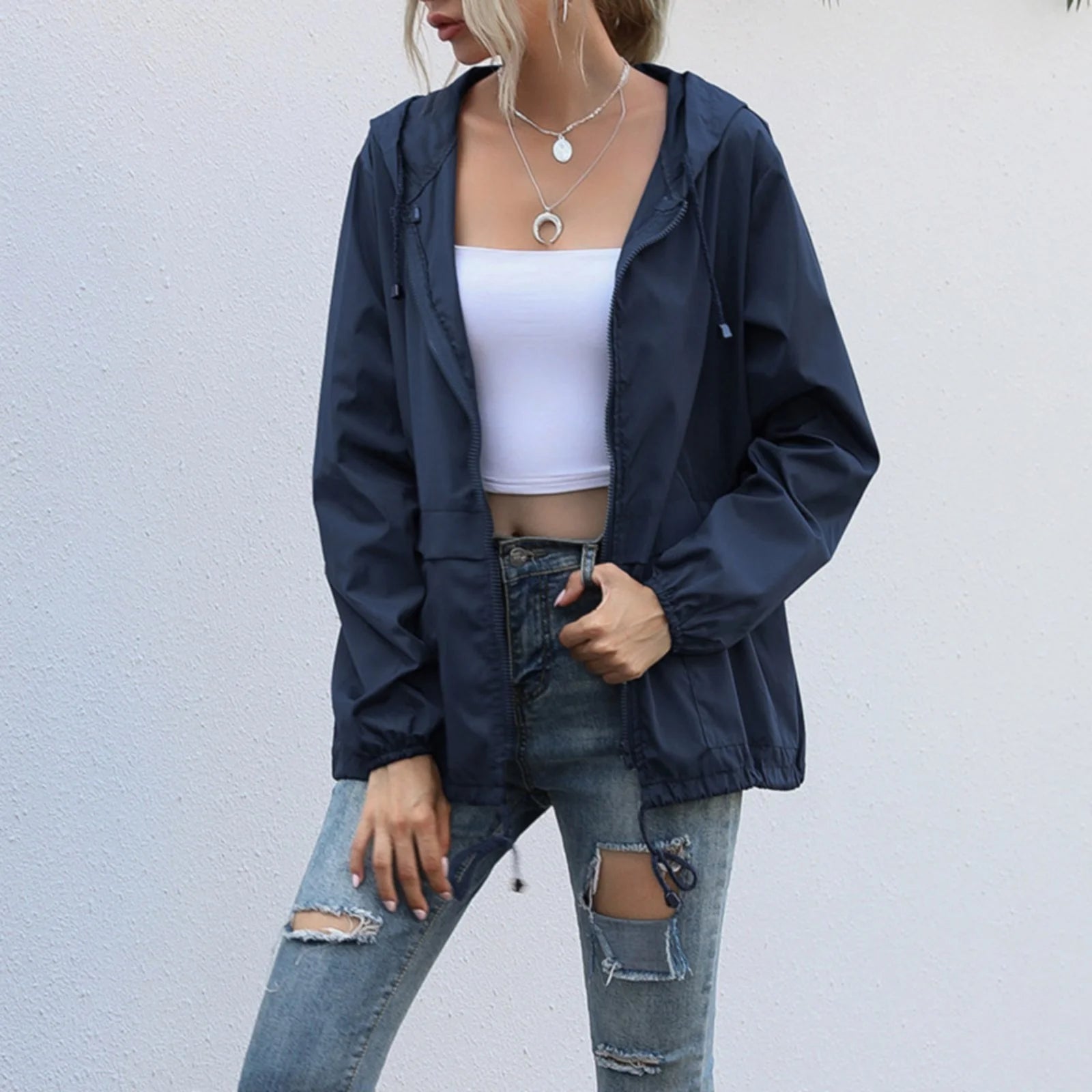 Jackets for Women, Women Solid Long Sleeve Pocket Outerwear Loose Splice Windbreaker Coat, Coats for Women Dark Blue M