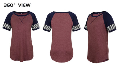 Women'S Top Casual Summer Tunic Shirt Striped Short Sleeve Crewneck Tshirts Fashion Trendy Winered Tees Y2K Blouses
