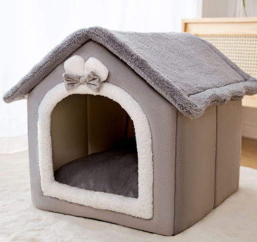 2-in-1 Foldable Dog House & Warm Cat Cave Bed - Winter Pet Villa