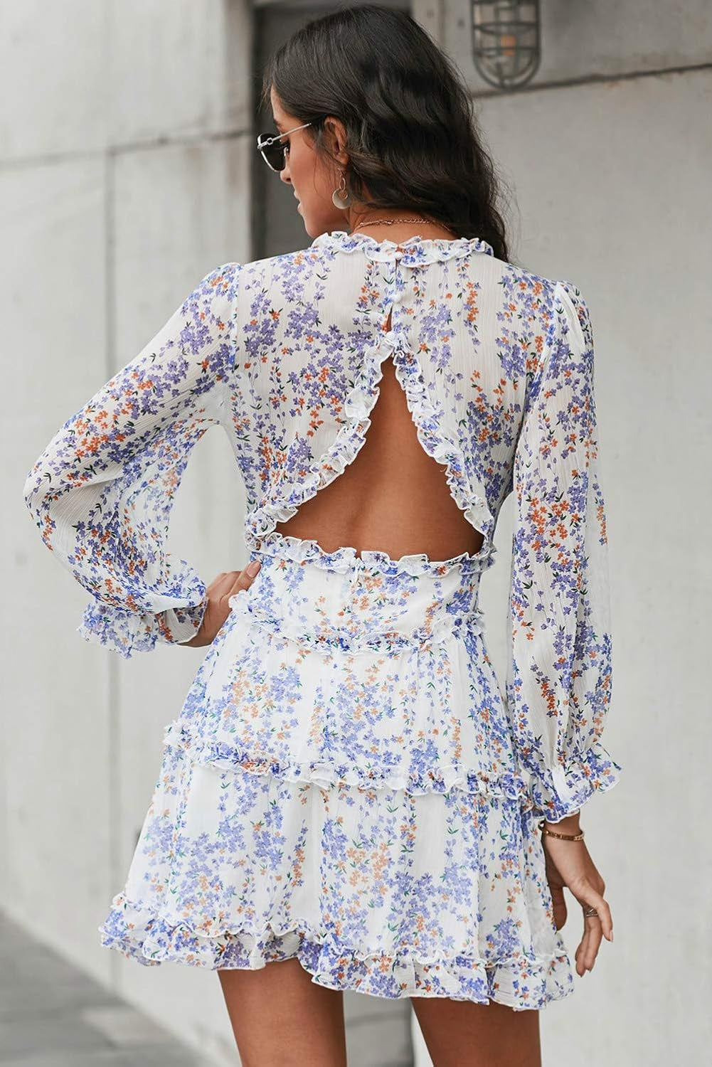 Women Long Sleeve Casual Summer Ruffle Backless Floral Flowy Swing Mini Dress