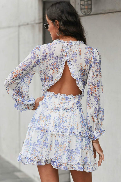 Women Long Sleeve Casual Summer Ruffle Backless Floral Flowy Swing Mini Dress